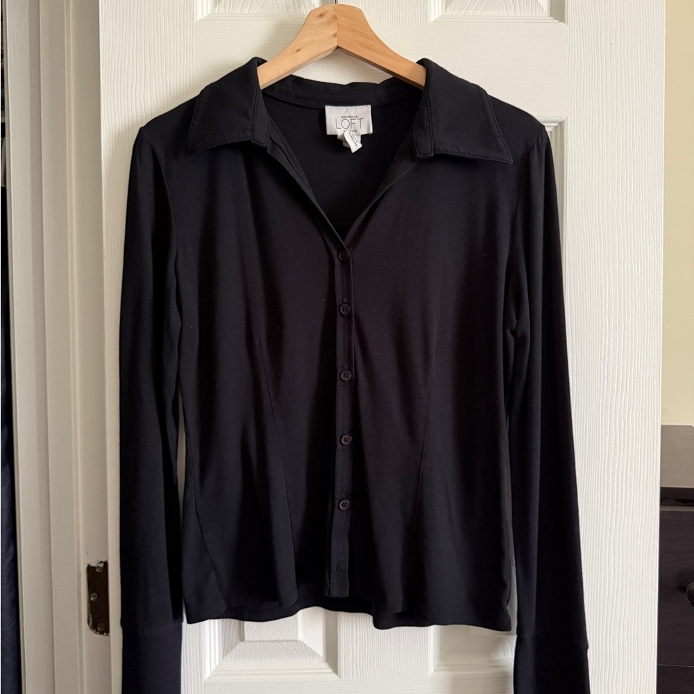 LOFT Black Stretch Knit Button-Down Top with Split Sleeve Hem